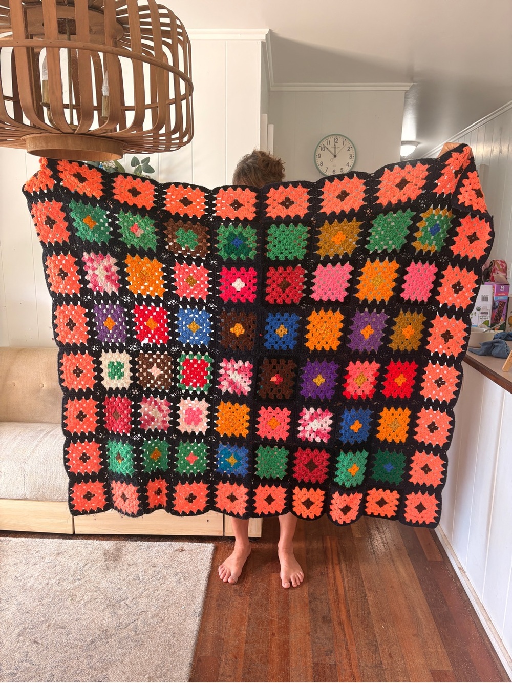 Vintage Granny Square Crochet Afghan Blanket Colorful Black Retro Boho 60x54